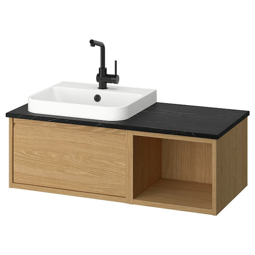 ÄNGSJÖN / BACKSJÖN - Washbasin/washbasin/mixer unit, oak/black marble effect,102x49x41 cm