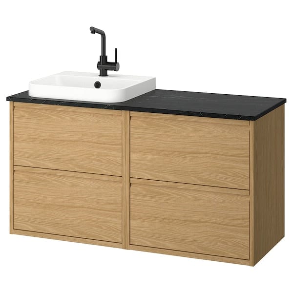 ÄNGSJÖN / BACKSJÖN - Washbasin/washbasin/mixer unit, oak/black marble effect,122x49x71 cm
