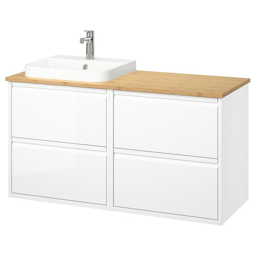 ÄNGSJÖN / BACKSJÖN - Washbasin/Washbasin/Mixer unit, gloss white/amber,122x49x71 cm