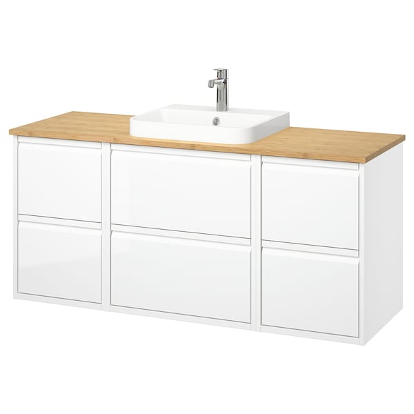 ÄNGSJÖN / BACKSJÖN - Washbasin/Washbasin/Mixer unit, gloss white/amber,142x49x71 cm - best price from Maltashopper.com 89528437