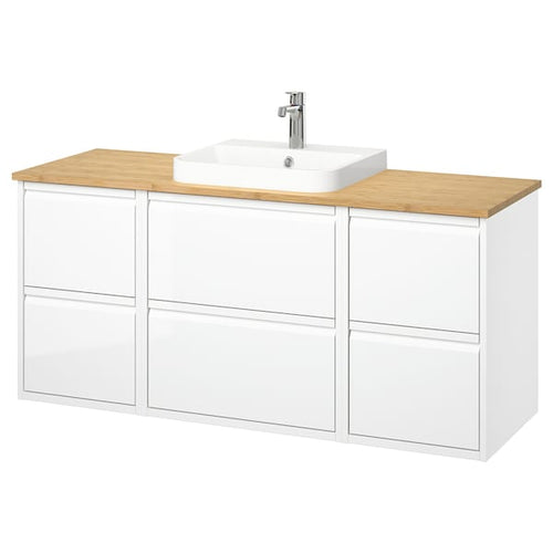 ÄNGSJÖN / BACKSJÖN - Washbasin/Washbasin/Mixer unit, gloss white/amber,142x49x71 cm