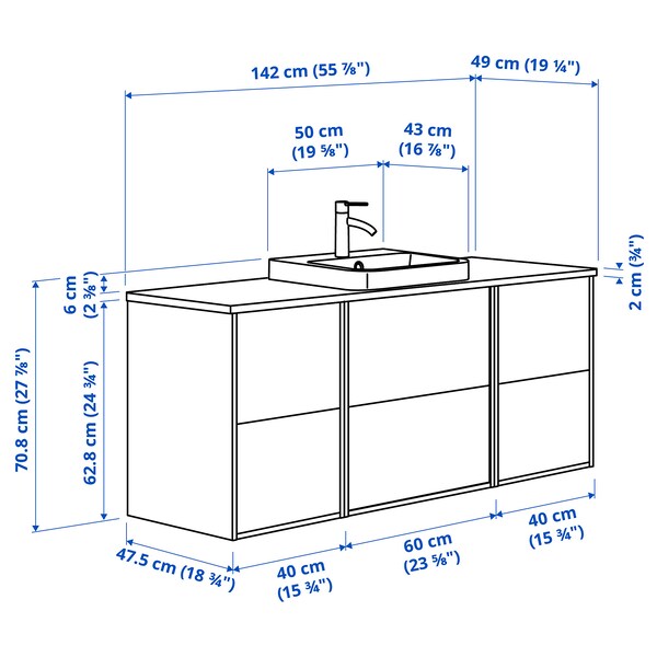ÄNGSJÖN / BACKSJÖN - Washbasin/Washbasin/Mixer unit, gloss  white/amber,142x49x71 cm