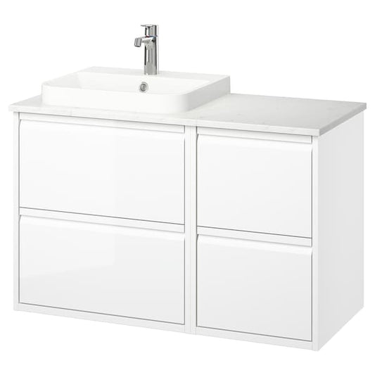 Ikea ÄNGSJÖN / BACKSJÖN - Washbasin/Washbasin/Mixer unit, glossy white/marble white effect,102x49x71 cm