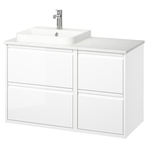 ÄNGSJÖN / BACKSJÖN - Washbasin/Washbasin/Mixer unit, glossy white/marble white effect,102x49x71 cm