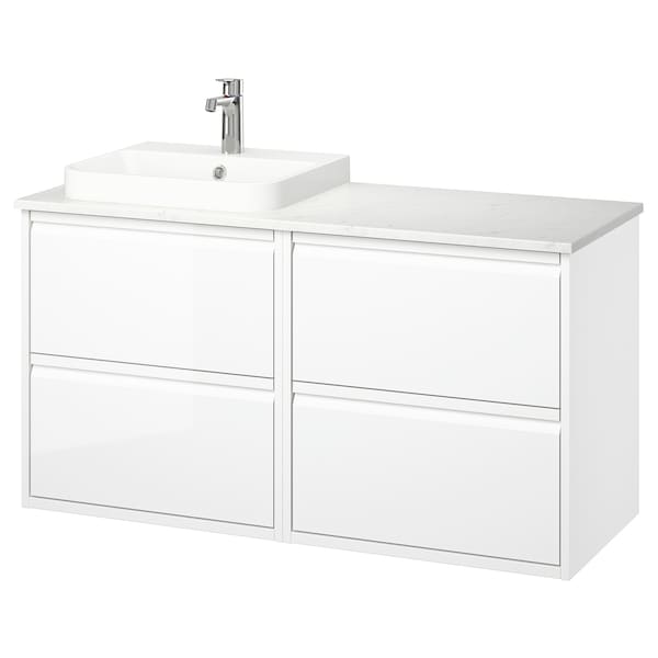 Ikea ÄNGSJÖN / BACKSJÖN - Washbasin/Washbasin/Mixer unit, glossy white/marble white effect,122x49x71 cm