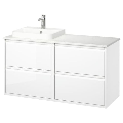 ÄNGSJÖN / BACKSJÖN - Washbasin/Washbasin/Mixer unit, glossy white/marble white effect,122x49x71 cm