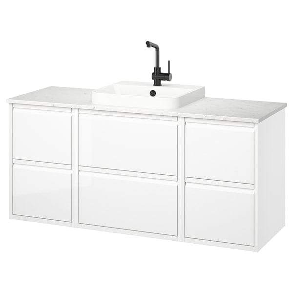 ÄNGSJÖN / BACKSJÖN - Washbasin/Washbasin/Mixer unit, glossy white/marble white effect,142x49x71 cm - best price from Maltashopper.com 79528433