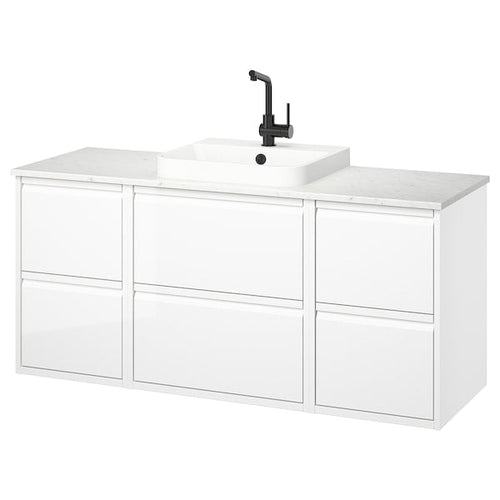 ÄNGSJÖN / BACKSJÖN - Washbasin/Washbasin/Mixer unit, glossy white/marble white effect,142x49x71 cm