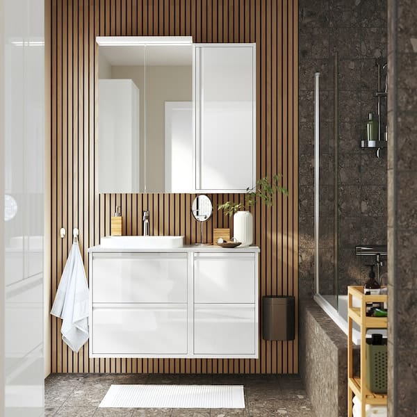 Ikea ÄNGSJÖN / BACKSJÖN - Washbasin/Washbasin/Mixer unit, glossy white/marble white effect,102x49x71 cm