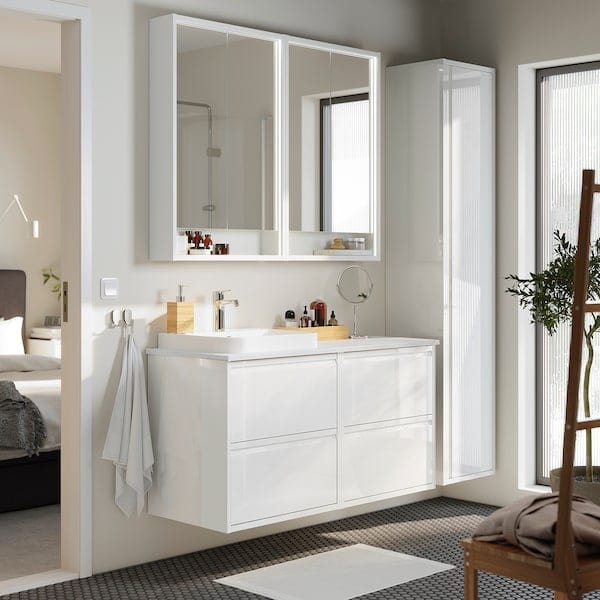 Ikea ÄNGSJÖN / BACKSJÖN - Washbasin/Washbasin/Mixer unit, glossy white/marble white effect,122x49x71 cm