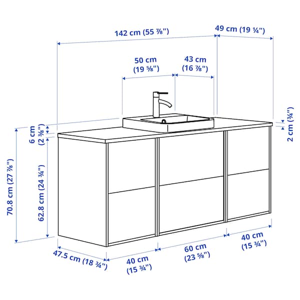 Ikea ÄNGSJÖN / BACKSJÖN - Washbasin/Washbasin/Mixer unit, glossy white/marble white effect,142x49x71 cm