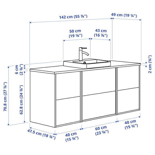 ÄNGSJÖN / BACKSJÖN - Washbasin/Washbasin/Mixer unit, glossy white/marble white effect,142x49x71 cm - best price from Maltashopper.com 79528433