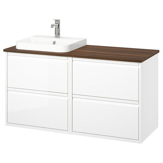Ikea ÄNGSJÖN / BACKSJÖN - Washbasin/washbasin unit/mixer, gloss white/brown walnut effect,122x49x71 cm