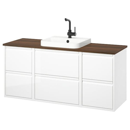 ÄNGSJÖN / BACKSJÖN - Washbasin/washbasin unit/mixer, gloss white/brown walnut effect,142x49x71 cm
