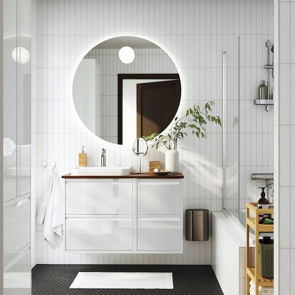 Ikea ÄNGSJÖN / BACKSJÖN - Washbasin/washbasin unit/mixer, gloss white/brown walnut effect,102x49x71 cm