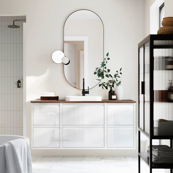 Ikea ÄNGSJÖN / BACKSJÖN - Washbasin/washbasin unit/mixer, gloss white/brown walnut effect,142x49x71 cm