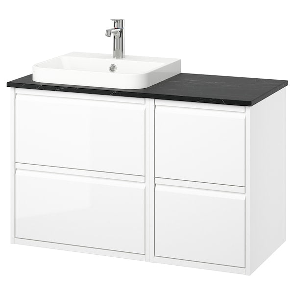 ÄNGSJÖN / BACKSJÖN - Washbasin/washbasin unit/mixer, glossy white/black marble effect,102x49x71 cm - best price from Maltashopper.com 69528424