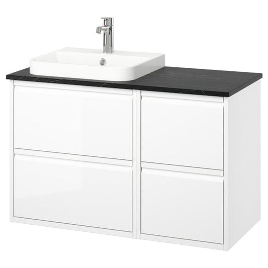 Ikea ÄNGSJÖN / BACKSJÖN - Washbasin/washbasin unit/mixer, glossy white/black marble effect,102x49x71 cm