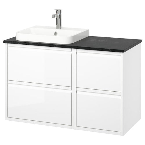 ÄNGSJÖN / BACKSJÖN - Washbasin/washbasin unit/mixer, glossy white/black marble effect,102x49x71 cm