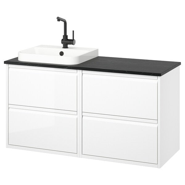 ÄNGSJÖN / BACKSJÖN - Washbasin/washbasin unit/mixer, glossy white/black marble effect,122x49x71 cm - best price from Maltashopper.com 39528576