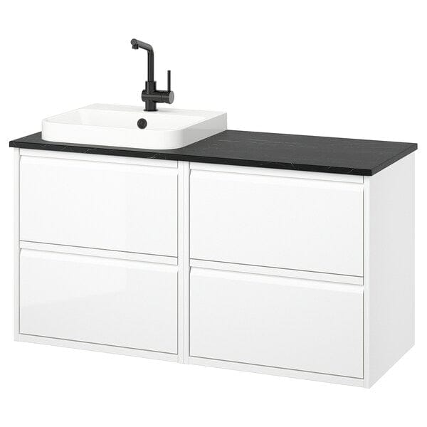 Ikea ÄNGSJÖN / BACKSJÖN - Washbasin/washbasin unit/mixer, glossy white/black marble effect,122x49x71 cm