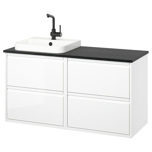 Ikea ÄNGSJÖN / BACKSJÖN - Washbasin/washbasin unit/mixer, glossy white/black marble effect,122x49x71 cm