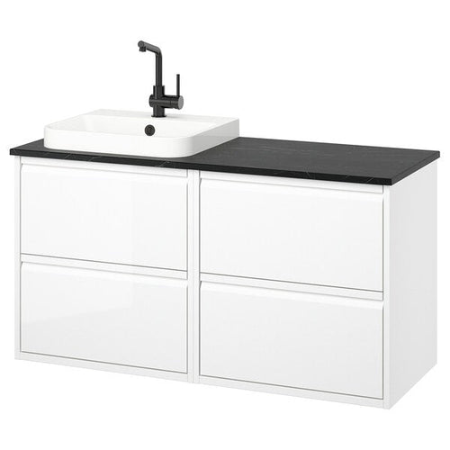 ÄNGSJÖN / BACKSJÖN - Washbasin/washbasin unit/mixer, glossy white/black marble effect,122x49x71 cm