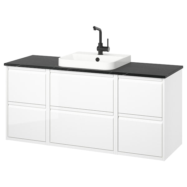 ÄNGSJÖN / BACKSJÖN - Washbasin/washbasin unit/mixer, glossy white/black marble effect,142x49x71 cm - best price from Maltashopper.com 59528434