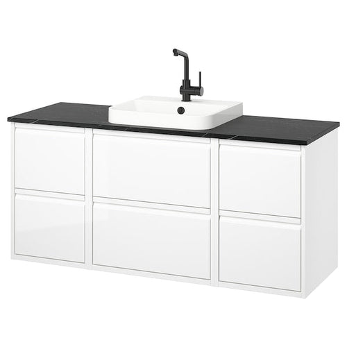ÄNGSJÖN / BACKSJÖN - Washbasin/washbasin unit/mixer, glossy white/black marble effect,142x49x71 cm