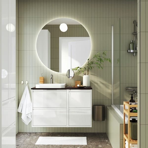 Ikea ÄNGSJÖN / BACKSJÖN - Washbasin/washbasin unit/mixer, glossy white/black marble effect,102x49x71 cm