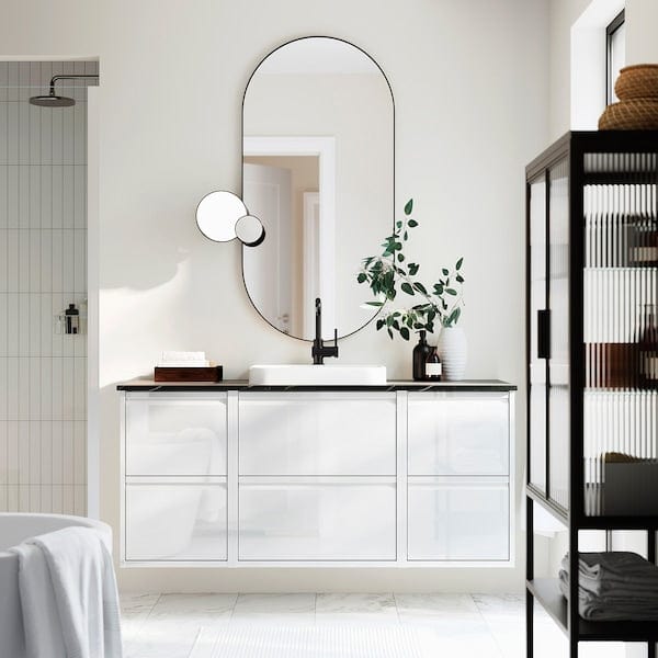 Ikea ÄNGSJÖN / BACKSJÖN - Washbasin/washbasin unit/mixer, glossy white/black marble effect,142x49x71 cm