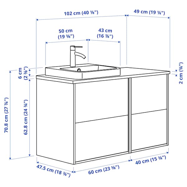 Ikea ÄNGSJÖN / BACKSJÖN - Washbasin/washbasin unit/mixer, glossy white/black marble effect,102x49x71 cm