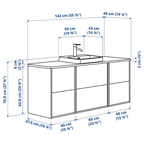 Ikea ÄNGSJÖN / BACKSJÖN - Washbasin/washbasin unit/mixer, glossy white/black marble effect,142x49x71 cm