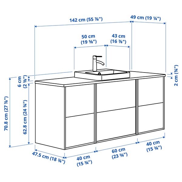 ÄNGSJÖN / BACKSJÖN - Washbasin/washbasin unit/mixer, glossy white/black marble effect,142x49x71 cm - best price from Maltashopper.com 59528434