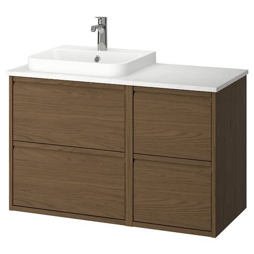 ÄNGSJÖN / BACKSJÖN - Washbasin/washbasin/mixer unit, oak-effect brown/marble-effect white,102x49x71 cm