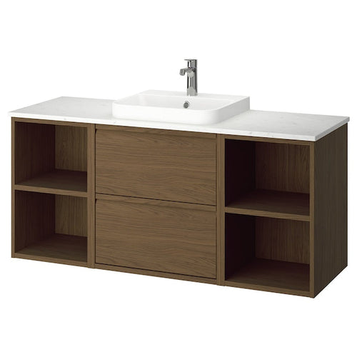 ÄNGSJÖN / BACKSJÖN - Washbasin/washbasin unit/mixer, oak-effect brown/marble-effect white,142x49x71 cm