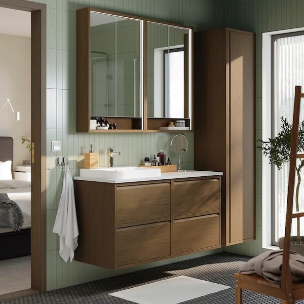 Ikea ÄNGSJÖN / BACKSJÖN - Washbasin/washbasin/mixer unit, oak-effect brown/marble-effect white,122x49x71 cm