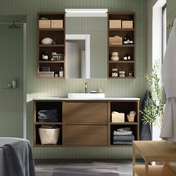 Ikea ÄNGSJÖN / BACKSJÖN - Washbasin/washbasin unit/mixer, oak-effect brown/marble-effect white,142x49x71 cm
