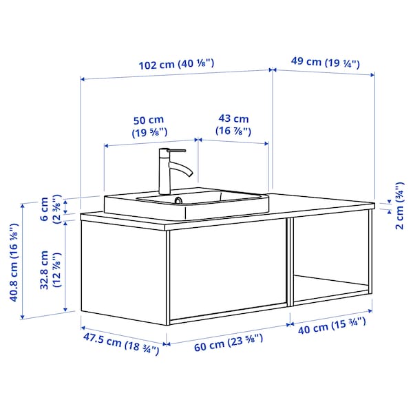 Ikea ÄNGSJÖN / BACKSJÖN - Washbasin/washbasin unit/mixer, oak-effect brown/marble-effect white,102x49x41 cm
