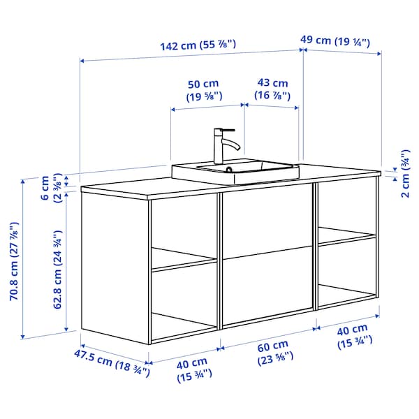 Ikea ÄNGSJÖN / BACKSJÖN - Washbasin/washbasin unit/mixer, oak-effect brown/marble-effect white,142x49x71 cm