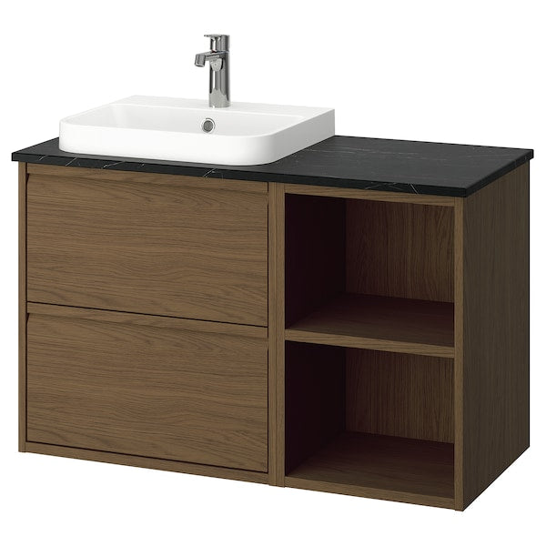 ÄNGSJÖN / BACKSJÖN - Washbasin/washbasin unit/mixer, oak-effect brown/marble-effect black,102x49x71 cm - best price from Maltashopper.com 79528466