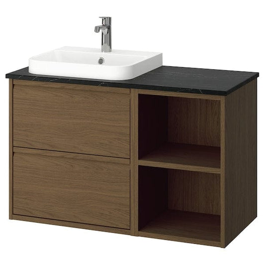 Ikea ÄNGSJÖN / BACKSJÖN - Washbasin/washbasin unit/mixer, oak-effect brown/marble-effect black,102x49x71 cm