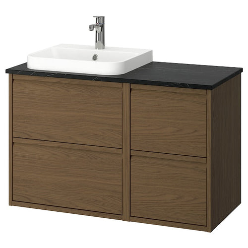 ÄNGSJÖN / BACKSJÖN - Washbasin/washbasin unit/mixer, oak-effect brown/marble-effect black,102x49x71 cm