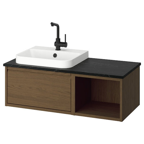 ÄNGSJÖN / BACKSJÖN - Washbasin/washbasin unit/mixer, oak-effect brown/marble-effect black,102x49x41 cm