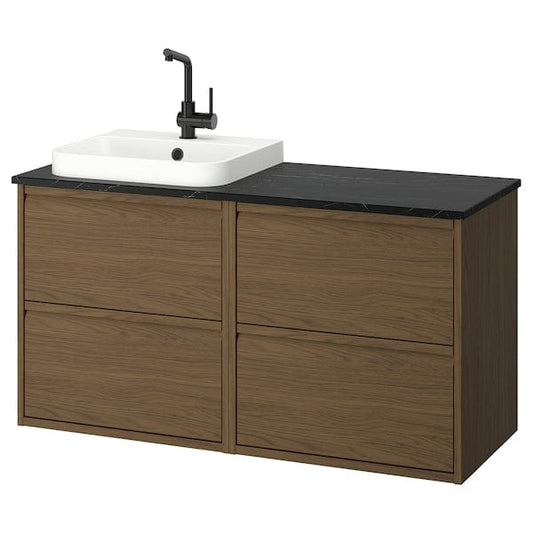 Ikea ÄNGSJÖN / BACKSJÖN - Washbasin/washbasin unit/mixer, oak-effect brown/marble-effect black,122x49x71 cm