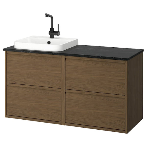 ÄNGSJÖN / BACKSJÖN - Washbasin/washbasin unit/mixer, oak-effect brown/marble-effect black,122x49x71 cm