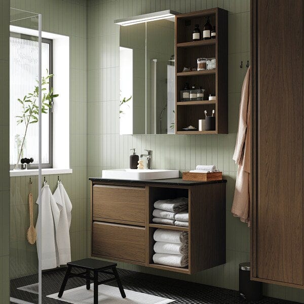 Ikea ÄNGSJÖN / BACKSJÖN - Washbasin/washbasin unit/mixer, oak-effect brown/marble-effect black,102x49x71 cm