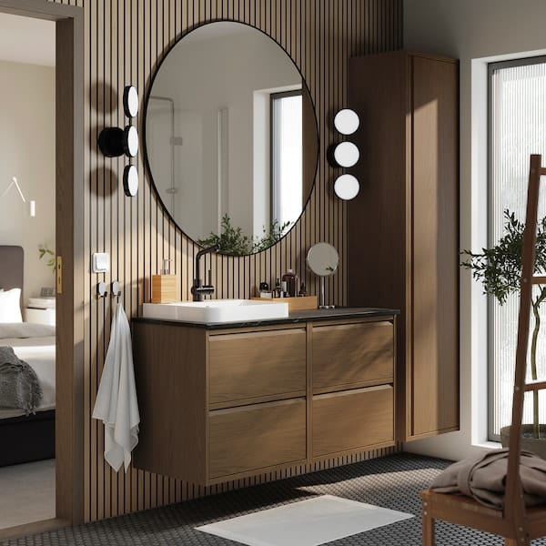 Ikea ÄNGSJÖN / BACKSJÖN - Washbasin/washbasin unit/mixer, oak-effect brown/marble-effect black,122x49x71 cm