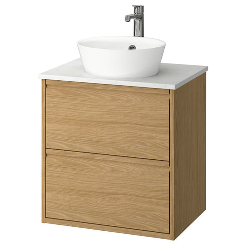 ÄNGSJÖN / KATTEVIK - Washbasin/drawer unit/misc, oak/white marble effect,62x49x80 cm