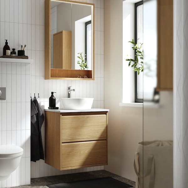Ikea ÄNGSJÖN / KATTEVIK - Washbasin/drawer unit/misc, oak/white marble effect,62x49x80 cm